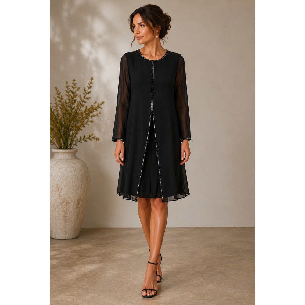 Kay Unger New York Black 100% Silk Rhinestone Sheer Sleeve Shift LBD Dress 6